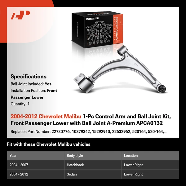 2004-2012 Chevrolet Malibu 1-Pc Control Arm and Ball Joint Kit, Front Passenger Lower with Ball Joint A-Premium APCA0132