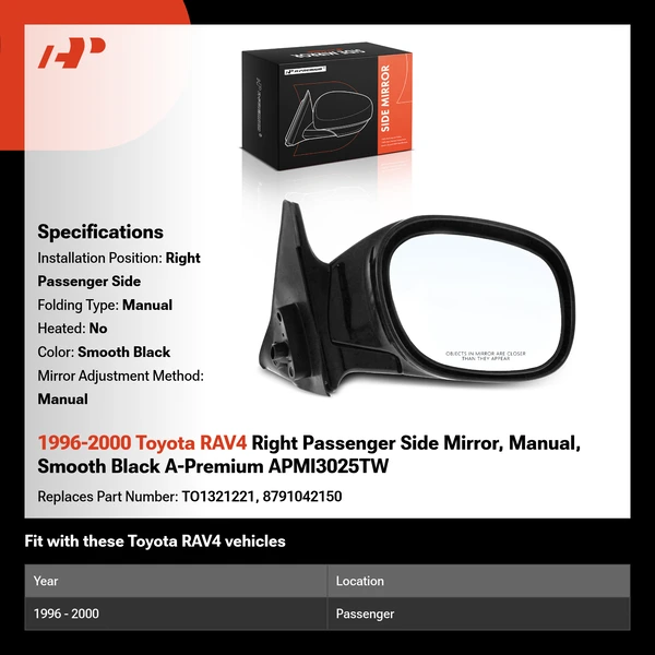 1996-2000 Toyota RAV4 Right Passenger Side Mirror, Manual, Smooth Black A-Premium APMI3025TW