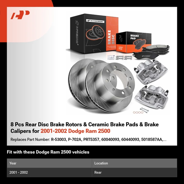 8 Pcs Rear Disc Brake Rotors & Ceramic Brake Pads & Brake Calipers for 2001-2002 Dodge Ram 2500