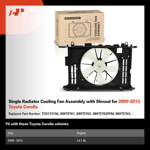 Single Radiator Cooling Fan Assembly with Shroud for 2009-2013 Toyota Corolla