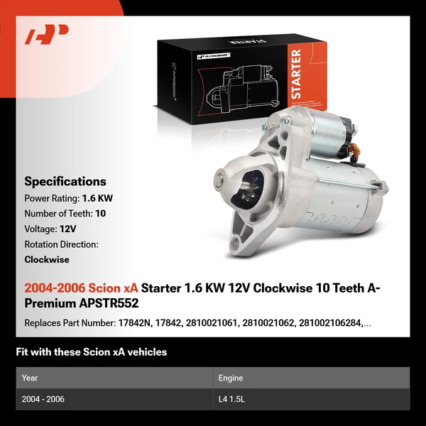 2004-2006 Scion xA Starter 1.6 KW 12V Clockwise 10 Teeth A-Premium APSTR552