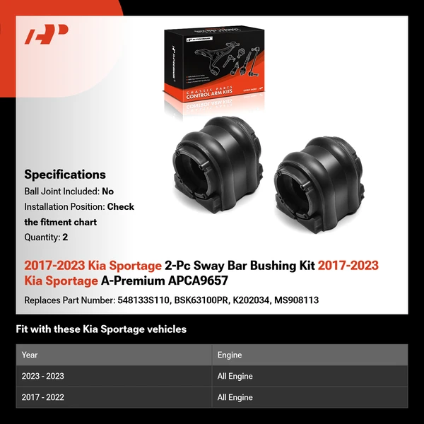 2017-2023 Kia Sportage 2-Pc Sway Bar Bushing Kit 2017-2023 Kia Sportage A-Premium APCA9657
