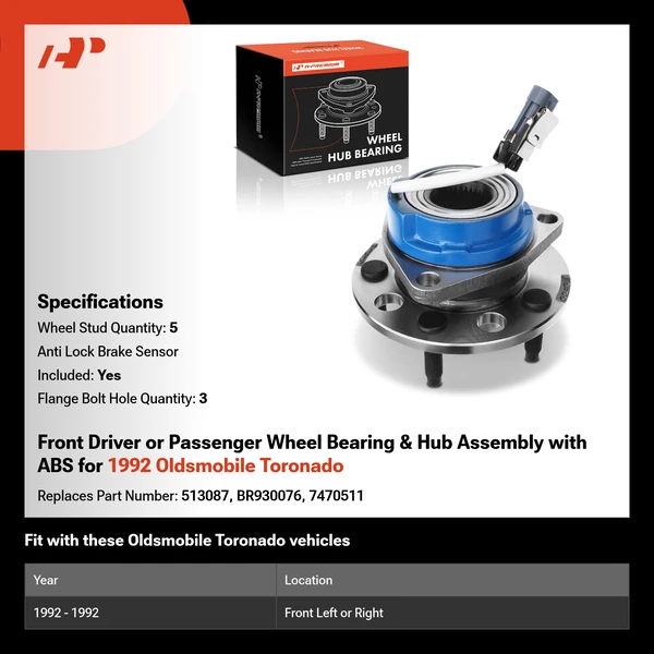 Front Driver or Passenger Wheel Bearing & Hub Assembly with ABS for 1992 Oldsmobile Toronado