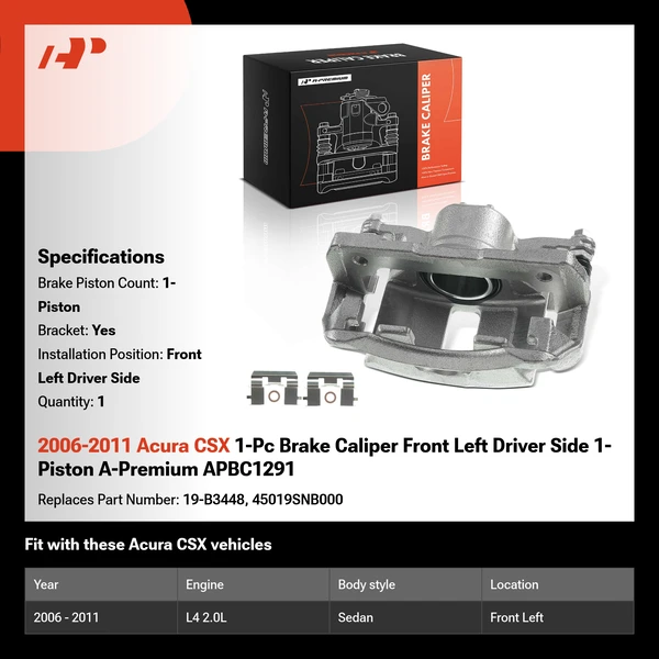 2006-2011 Acura CSX 1-Pc Brake Caliper Front Left Driver Side 1-Piston A-Premium APBC1291