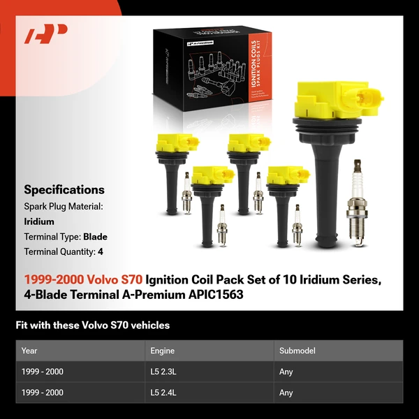 1999-2000 Volvo S70 Ignition Coil Pack Set of 10 Iridium Series, 4-Blade Terminal A-Premium APIC1563