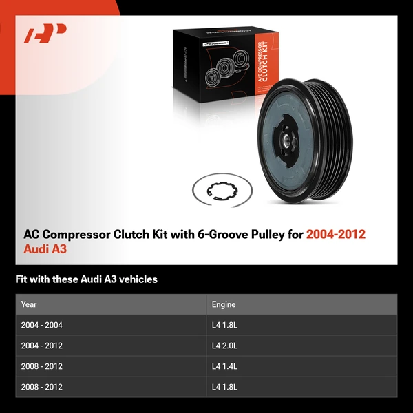 AC Compressor Clutch Kit with 6-Groove Pulley for 2004-2012 Audi A3