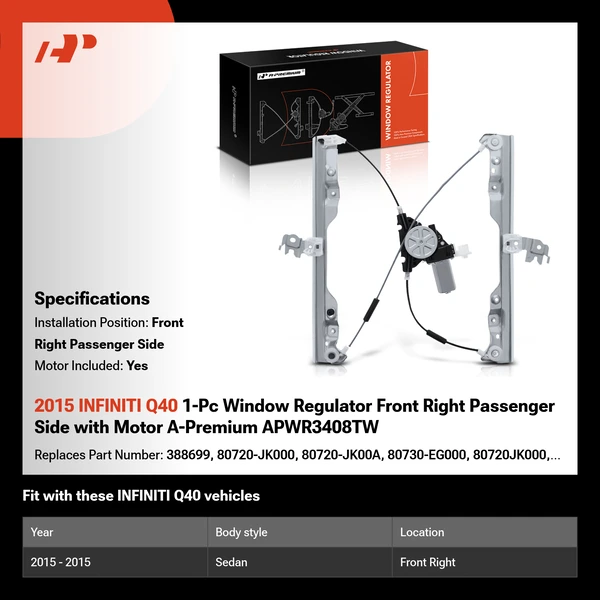 2015 INFINITI Q40 1-Pc Window Regulator Front Right Passenger Side with Motor A-Premium APWR3408TW
