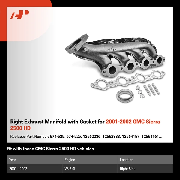 Right Exhaust Manifold with Gasket for 2001-2002 GMC Sierra 2500 HD