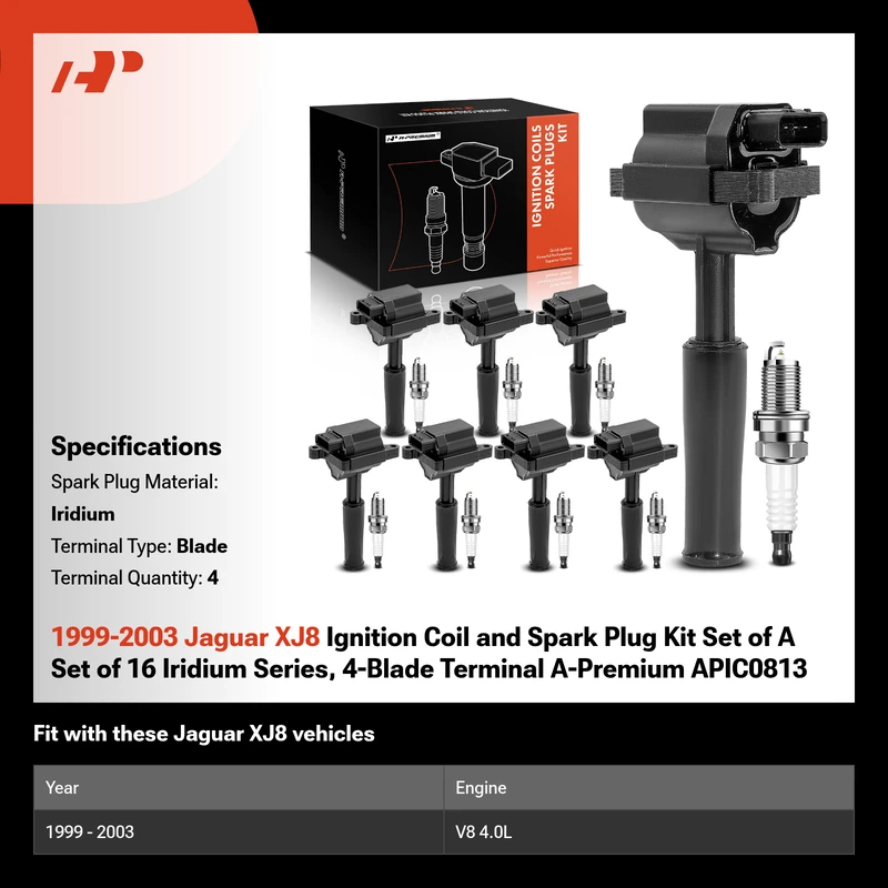 1999-2003 Jaguar XJ8 Ignition Coil and Spark Plug Kit Set of A Set of 16 Iridium Series, 4-Blade Terminal A-Premium APIC0813