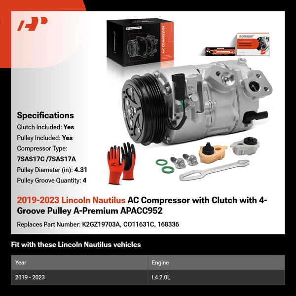 2019-2023 Lincoln Nautilus AC Compressor with Clutch with 4-Groove Pulley A-Premium APACC952