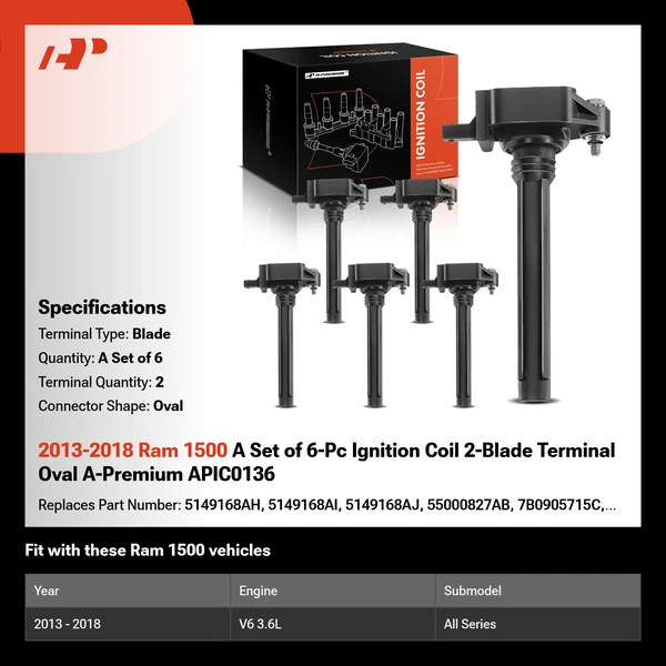 2013-2018 Ram 1500 A Set of 6-Pc Ignition Coil 2-Blade Terminal Oval A-Premium APIC0136