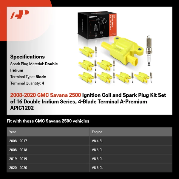 2008-2020 GMC Savana 2500 Ignition Coil and Spark Plug Kit Set of 16 Double Iridium Series, 4-Blade Terminal A-Premium APIC1202