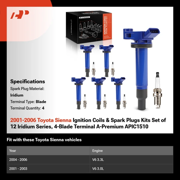 2001-2006 Toyota Sienna Ignition Coils & Spark Plugs Kits Set of 12 Iridium Series, 4-Blade Terminal A-Premium APIC1510