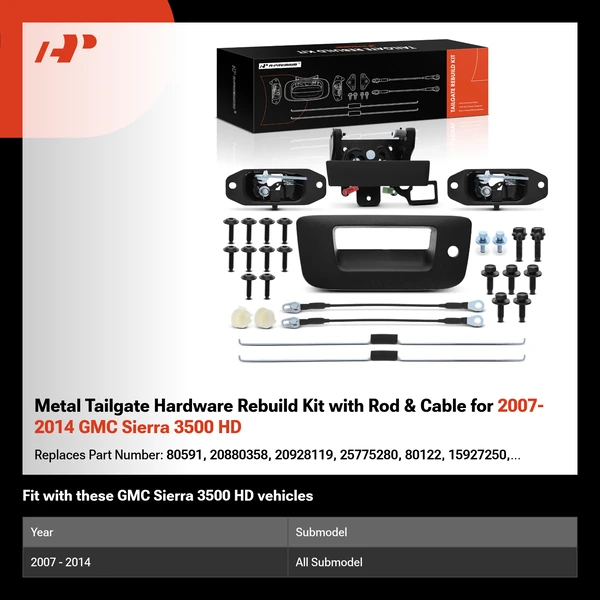 Metal Tailgate Hardware Rebuild Kit with Rod & Cable for 2007-2014 GMC Sierra 3500 HD