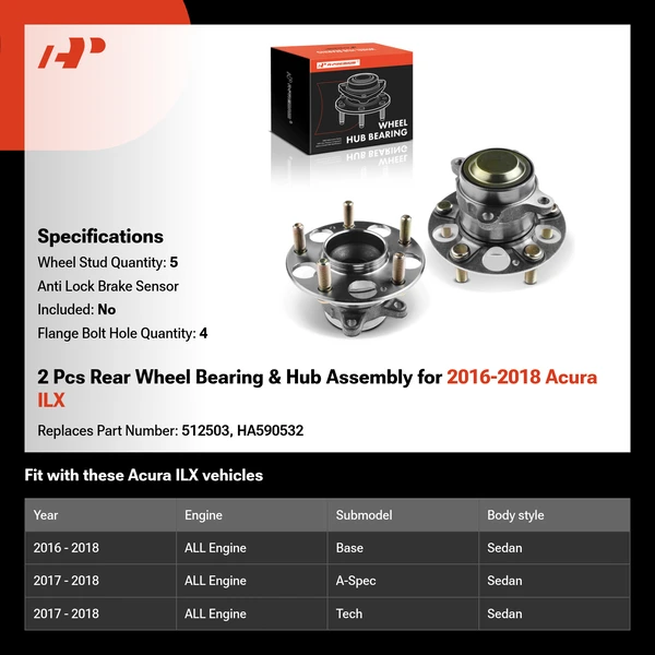 2 Pcs Rear Wheel Bearing & Hub Assembly for 2016-2018 Acura ILX