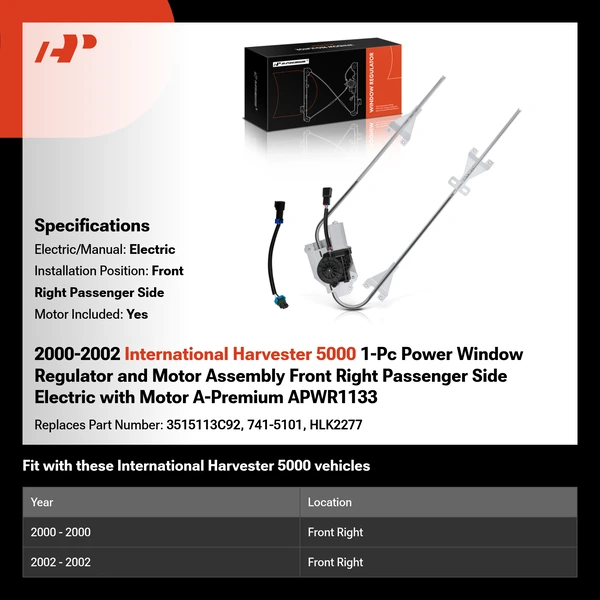 2000-2002 International Harvester 5000 1-Pc Power Window Regulator and Motor Assembly Front Right Passenger Side Electric with Motor A-Premium APWR1133