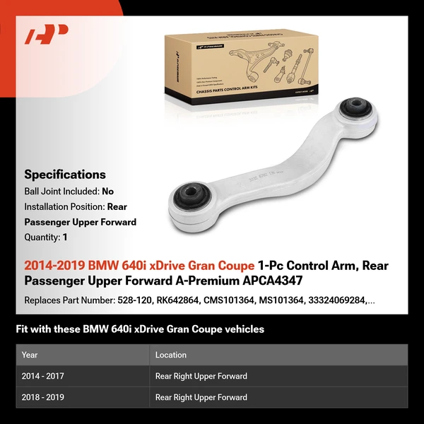 2014-2019 BMW 640i xDrive Gran Coupe 1-Pc Control Arm, Rear Passenger Upper Forward A-Premium APCA4347
