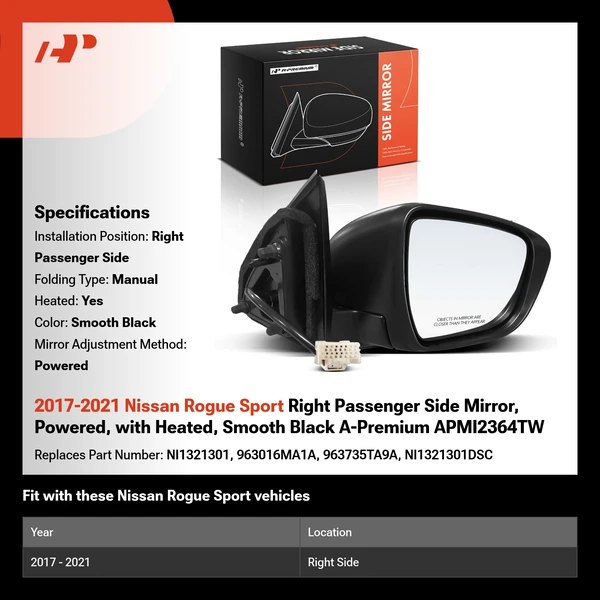 2017-2021 Nissan Rogue Sport Right Passenger Side Mirror, Powered, with Heated, Smooth Black A-Premium APMI2364TW