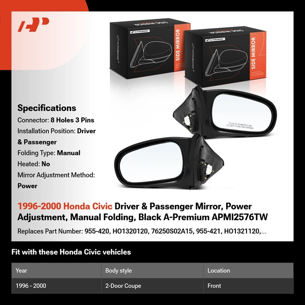 1996-2000 Honda Civic Driver & Passenger Mirror, Power Adjustment, Manual Folding, Black A-Premium APMI2576TW