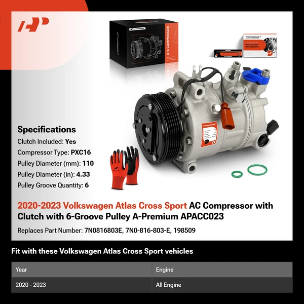 2020-2023 Volkswagen Atlas Cross Sport AC Compressor with Clutch with 6-Groove Pulley A-Premium APACC023