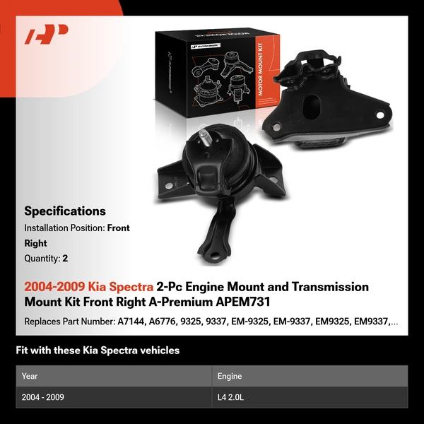 2004-2009 Kia Spectra 2-Pc Engine Mount and Transmission Mount Kit Front Right A-Premium APEM731