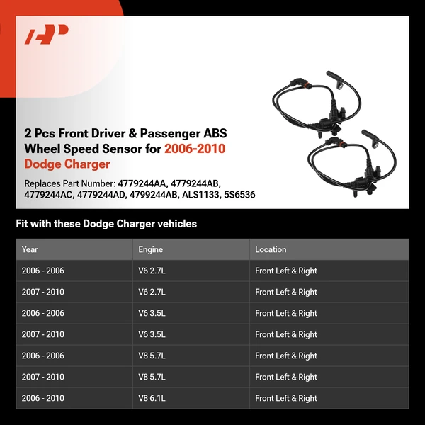 2 Pcs Front Driver & Passenger ABS Wheel Speed Sensor for 2006-2010 Dodge Charger