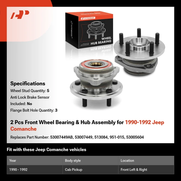 2 Pcs Front Wheel Bearing & Hub Assembly for 1990-1992 Jeep Comanche