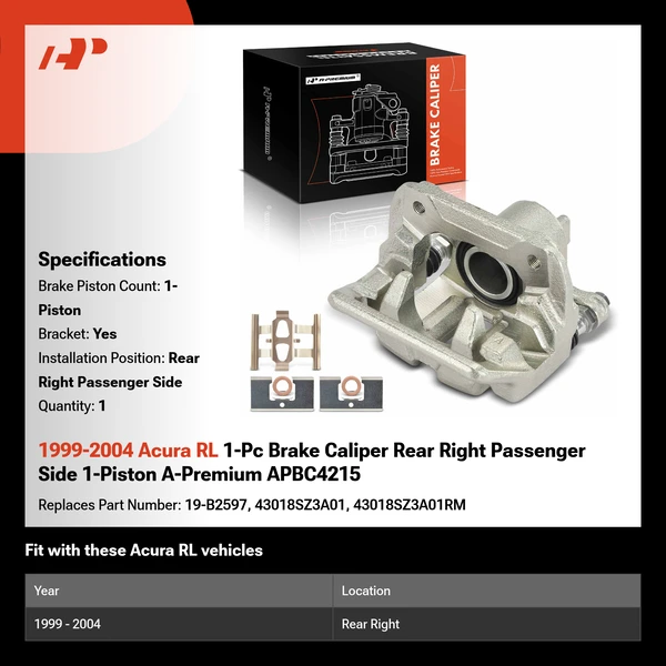 1999-2004 Acura RL 1-Pc Brake Caliper Rear Right Passenger Side 1-Piston A-Premium APBC4215