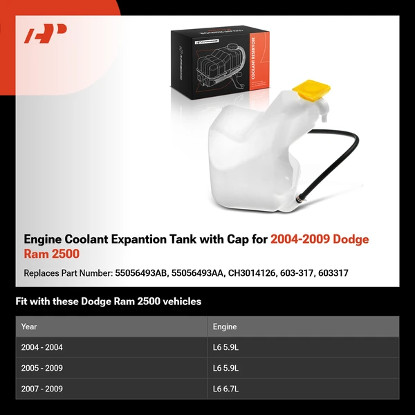 Engine Coolant Expantion Tank with Cap for 2004-2009 Dodge Ram 2500