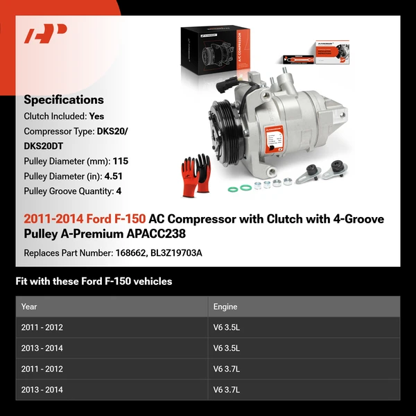 2011-2014 Ford F-150 AC Compressor with Clutch with 4-Groove Pulley A-Premium APACC238