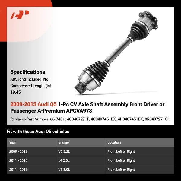2009-2015 Audi Q5 1-Pc CV Axle Shaft Assembly Front Driver or Passenger A-Premium APCVA978