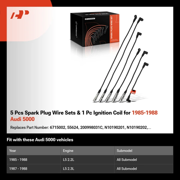 5 Pcs Spark Plug Wire Sets & 1 Pc Ignition Coil for 1985-1988 Audi 5000