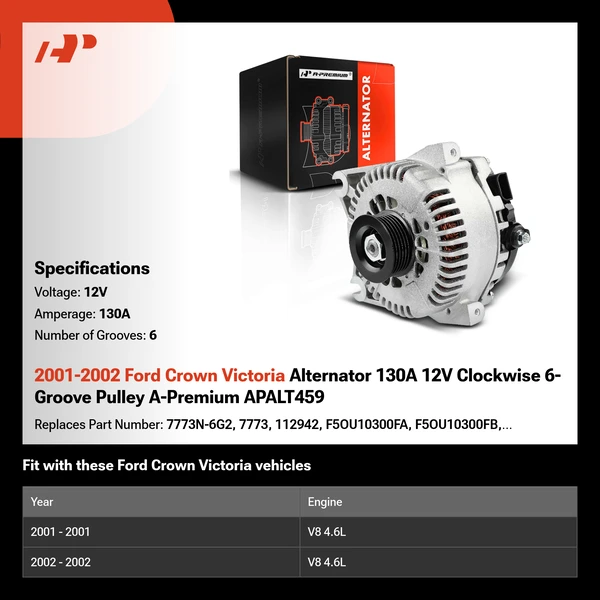 2001-2002 Ford Crown Victoria Alternator 130A 12V Clockwise 6-Groove Pulley A-Premium APALT459