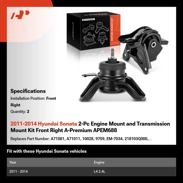 2011-2014 Hyundai Sonata 2-Pc Engine Mount and Transmission Mount Kit Front Right A-Premium APEM688
