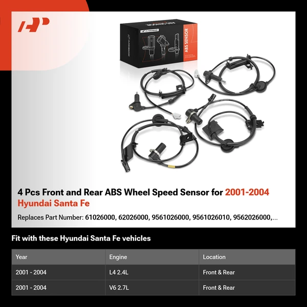 4 Pcs Front and Rear ABS Wheel Speed Sensor for 2001-2004 Hyundai Santa Fe