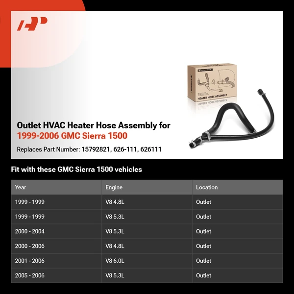Outlet HVAC Heater Hose Assembly for 1999-2006 GMC Sierra 1500