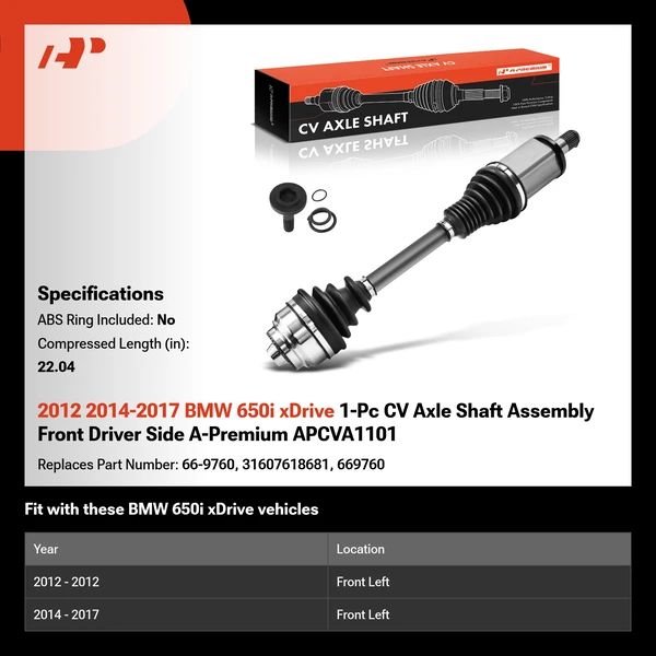 2012 2014-2017 BMW 650i xDrive 1-Pc CV Axle Shaft Assembly Front Driver Side A-Premium APCVA1101
