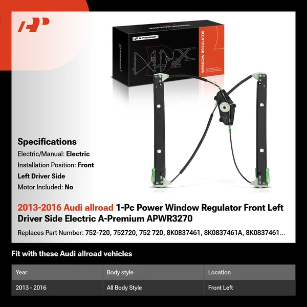 2013-2016 Audi allroad 1-Pc Power Window Regulator Front Left Driver Side Electric A-Premium APWR3270