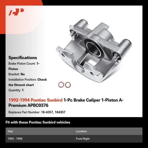 1992-1994 Pontiac Sunbird 1-Pc Brake Caliper 1-Piston A-Premium APBC0376