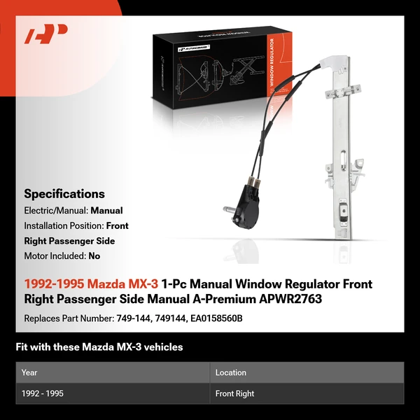 1992-1995 Mazda MX-3 1-Pc Manual Window Regulator Front Right Passenger Side Manual A-Premium APWR2763