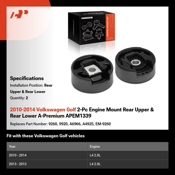 2010-2014 Volkswagen Golf 2-Pc Engine Mount Rear Upper & Rear Lower A-Premium APEM1339