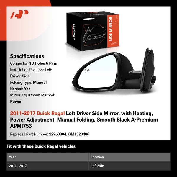 2011-2017 Buick Regal Left Driver Side Mirror, with Heating, Power Adjustment, Manual Folding, Smooth Black A-Premium APMI753