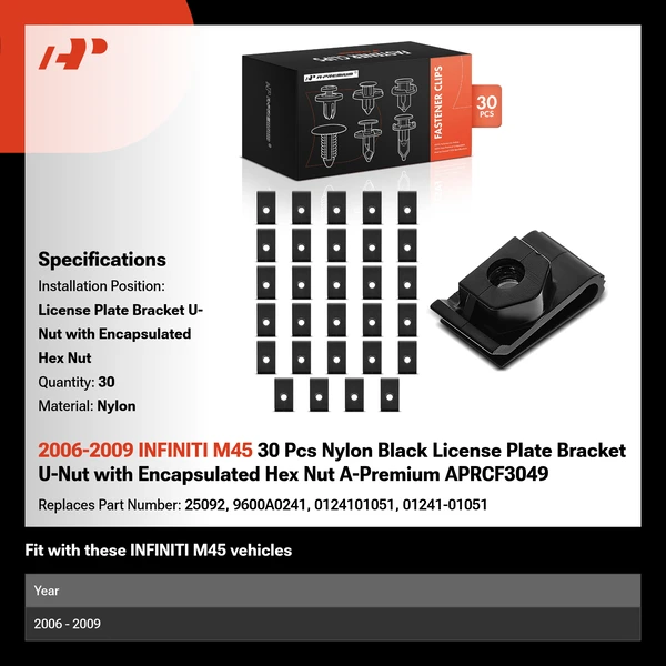 2006-2009 INFINITI M45 30 Pcs Nylon Black License Plate Bracket U-Nut with Encapsulated Hex Nut A-Premium APRCF3049