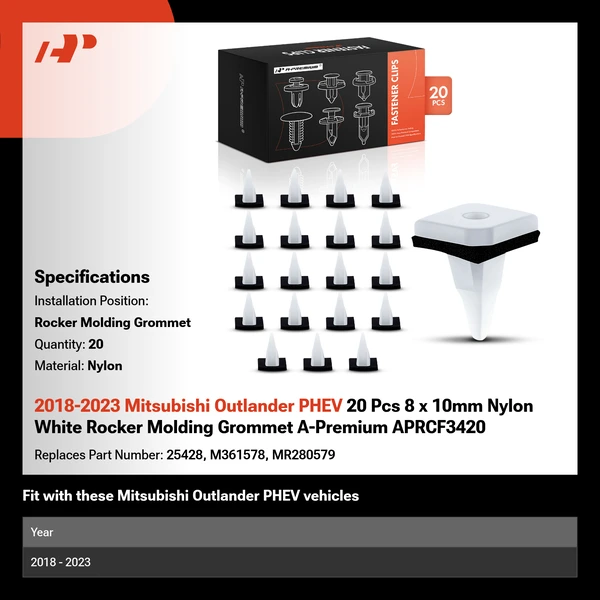 2018-2023 Mitsubishi Outlander PHEV 20 Pcs 8 x 10mm Nylon White Rocker Molding Grommet A-Premium APRCF3420