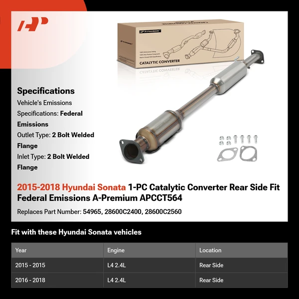 2015-2018 Hyundai Sonata 1-PC Catalytic Converter Rear Side Fit Federal Emissions A-Premium APCCT564