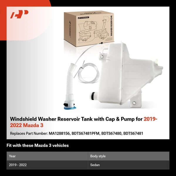 Windshield Washer Reservoir Tank with Cap & Pump for 2019-2022 Mazda 3