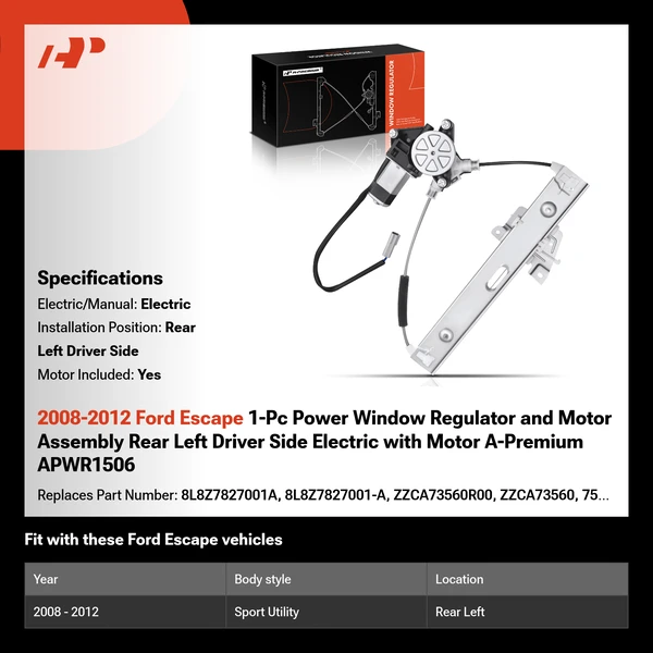 2008-2012 Ford Escape 1-Pc Power Window Regulator and Motor Assembly Rear Left Driver Side Electric with Motor A-Premium APWR1506