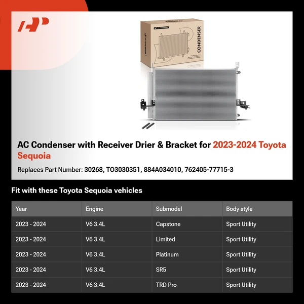 AC Condenser with Receiver Drier & Bracket for 2023-2024 Toyota Sequoia