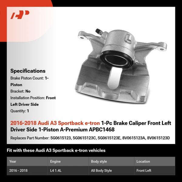 2016-2018 Audi A3 Sportback e-tron 1-Pc Brake Caliper Front Left Driver Side 1-Piston A-Premium APBC1468
