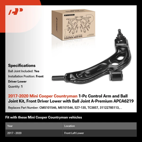 2017-2020 Mini Cooper Countryman 1-Pc Control Arm and Ball Joint Kit, Front Driver Lower with Ball Joint A-Premium APCA6219